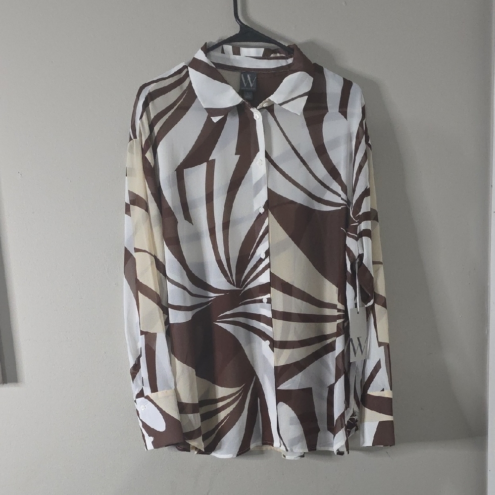 Worthington Brown and Cream Abstract Button Down Blouse